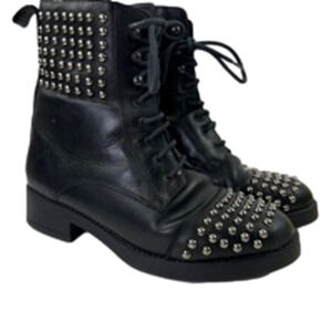 Fabianelli Women's Black Leather studded lace up ankle boots size 39